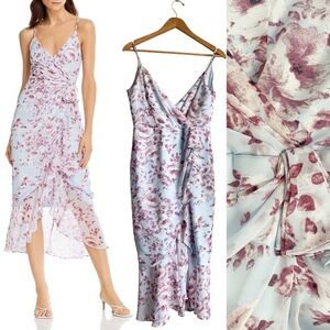 Bardot Floral Mermaid Midi Dress Faux Wrap Blue Burgundy Wedding Guest Fairy M